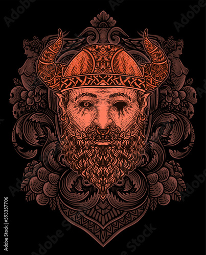 Illustration of viking head with vintage engraving ornament in back perfect for your business and Merchandise