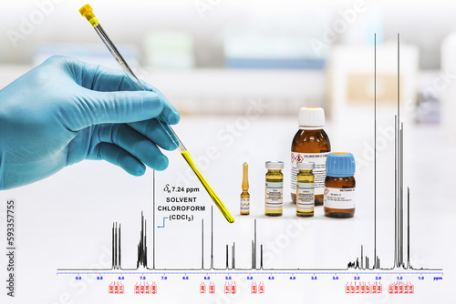 Hand of scientist shows yellow sample solution and NMR spectrum of sample was analyzed by NMR spectroscopy method in chloroform. NMR solvent glass bottles, chloroform, pyridine, DMSO, D2O, methanol. photo