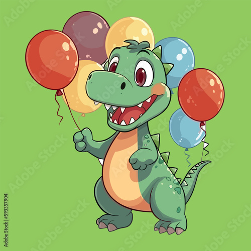 A cute and friendly dinosaur holding balloons in cartoon style for children with a white background.