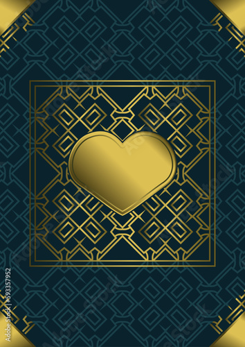 A4 title page with gold ornaments, corners and a blank nameplate in the middle. Dark blue background. Version number 7. Vector illustration