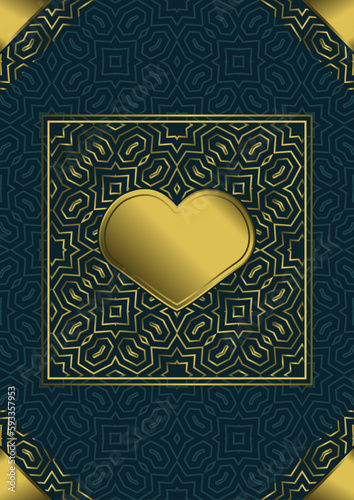 A4 title page with gold ornaments, corners and a blank nameplate in the middle. Dark blue background. Version number 9. Vector illustration