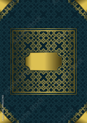 A4 title page with gold ornaments, corners and a blank nameplate in the middle. Dark blue background. Version number 3. Vector illustration