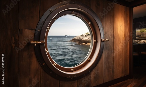  a porthole window with a view of a body of water.  generative ai