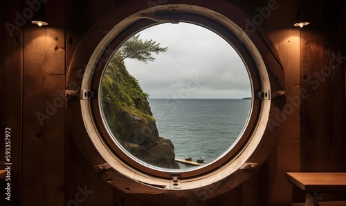  a round window with a view of the ocean and a cliff. generative ai