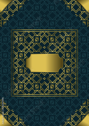 A4 title page with gold ornaments, corners and a blank nameplate in the middle. Dark blue background. Version number 2. Vector illustration