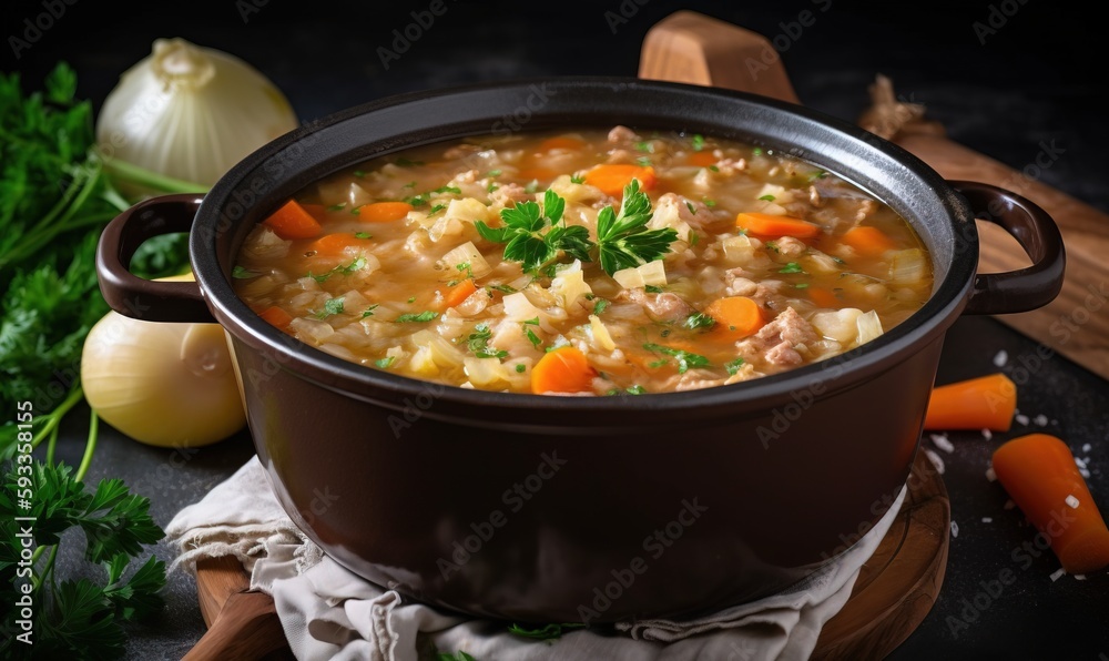  a bowl of soup with carrots, parsley and parsley.  generative ai