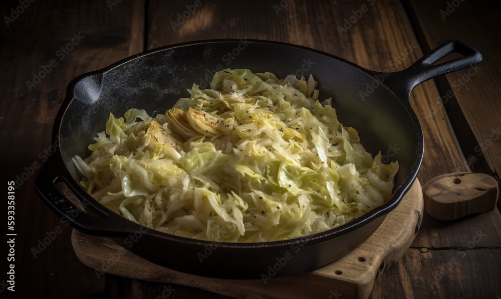 a skillet filled with cabbage on top of a wooden cutting board. generative ai a skillet filled with cabbage on top of a wooden cutting board. generative ai
