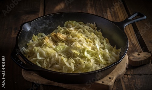  a skillet filled with cabbage on top of a wooden cutting board.  generative ai