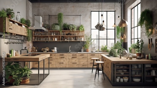 interior of a modern futuristic kitchen with plants or botanicals  interior design  generative AI