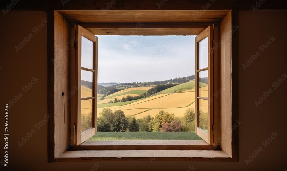 an open window with a view of a field and trees. generative ai an open window with a view of a field and trees. generative ai