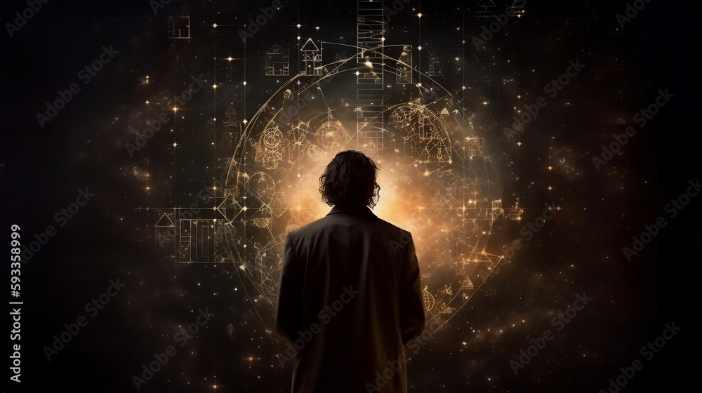 The universe within. Silhouette of a man inside the universe, physical and mathematical formulas.. The concept on scientific and philosophical topics, Generative Ai The universe within. Silhouette of a man inside the universe, physical and mathematical formulas.. The concept on scientific and philosophical topics, Generative Ai
