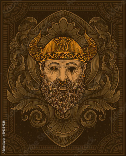 Illustration of viking head with vintage engraving ornament in back perfect for your business and Merchandise