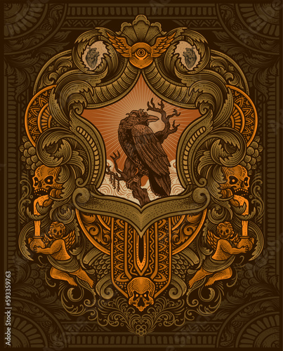 Illustration of antique crow with vintage engraving ornament in back perfect for your business and Merchandise