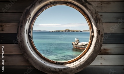  a round window with a view of a boat in the water.  generative ai