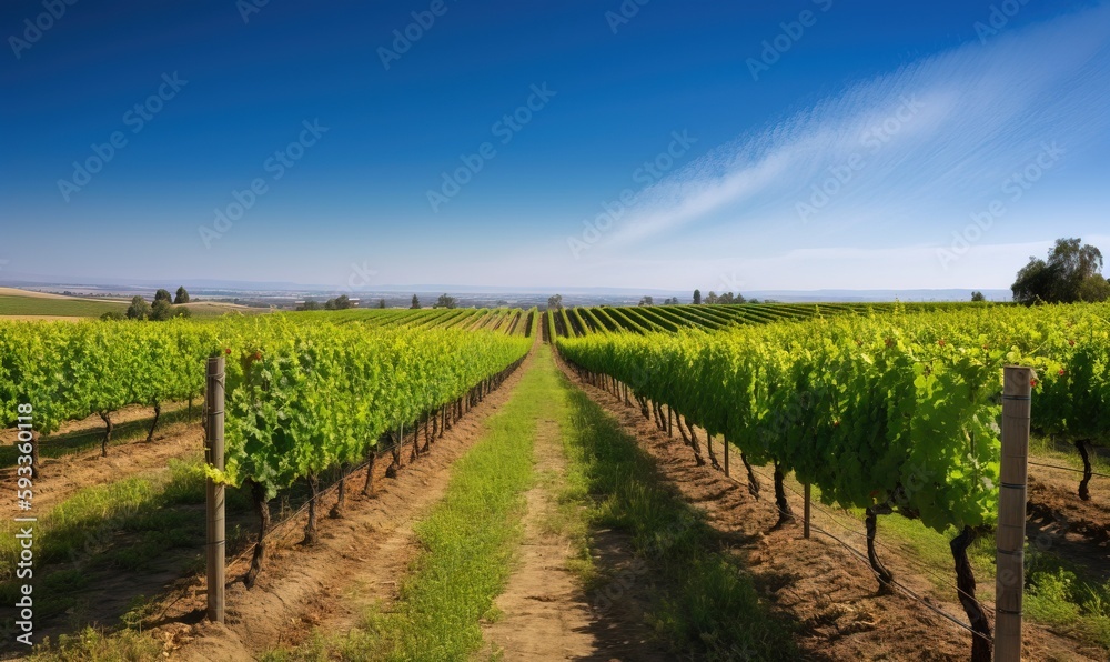  a row of green vines in a field with a blue sky in the background.  generative ai