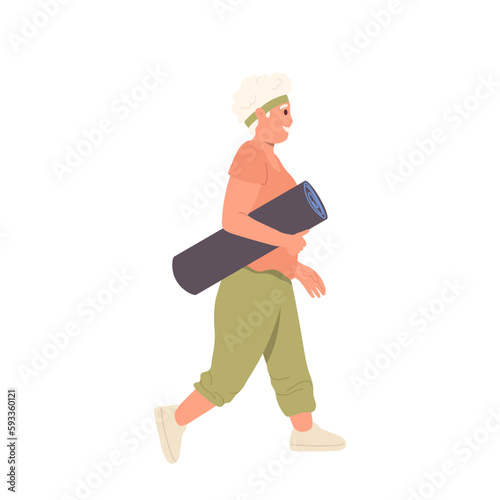 Aged elderly woman character in sportswear going for sport carrying fitness mat training accessory