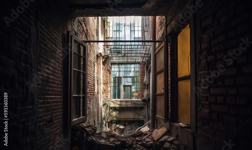  a narrow alleyway with a broken window and debris everywhere. generative ai