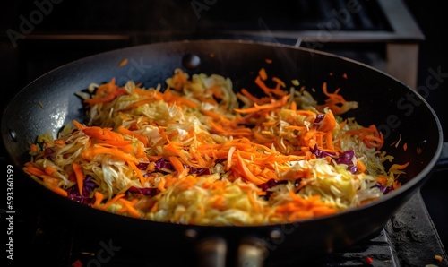  a wok filled with shredded carrots and other vegetables. generative ai