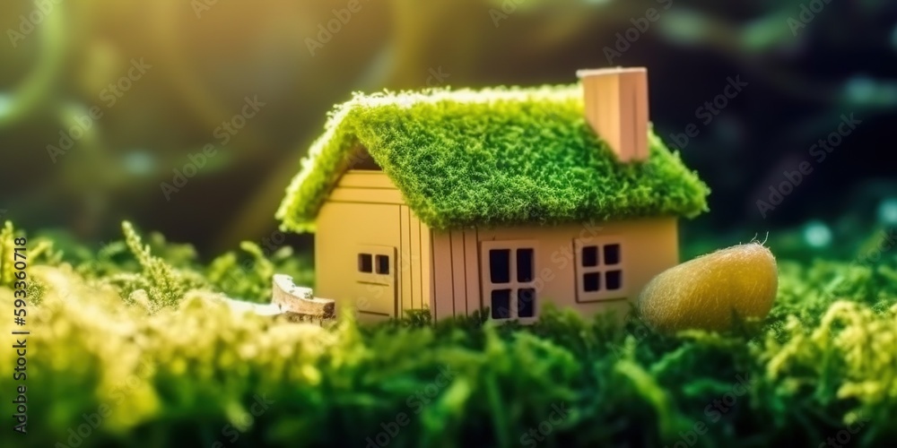 Eco house concept. Green and environmentally friendly housing. Miniature wooden house in spring grass, moss and ferns on a sunny day