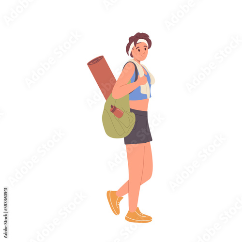 Young smiling teenager woman wearing trendy sportive outfit with handbag going for fitness