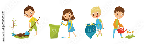 Little Boy and Girl Taking Care of Nature and Planet Vector Illustration Set
