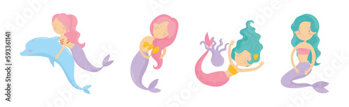 Cute Mermaid Floating Underwater with Wavy Hair Vector Set
