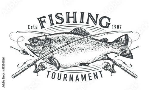 Fishing tournament emblem. Caught large fish and crossed fishing rods of fisherman, badge template. Vector illustration