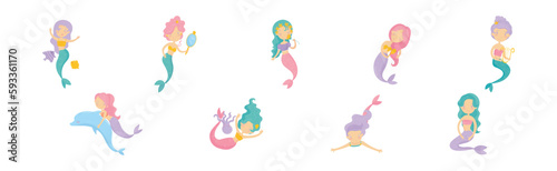 Cute Mermaid Floating Underwater with Wavy Hair Vector Set