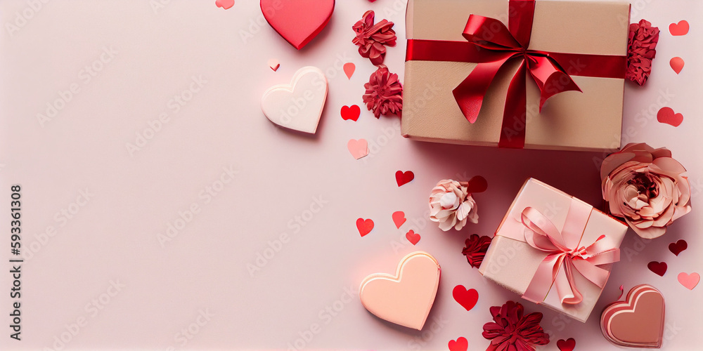Mother Day, Women Day abstract background with copy space, feminine color background with spring flowers, gift boxes and hearts, Generative AI Mother Day, Women Day abstract background with copy space, feminine color background with spring flowers, gift boxes and hearts, Generative AI