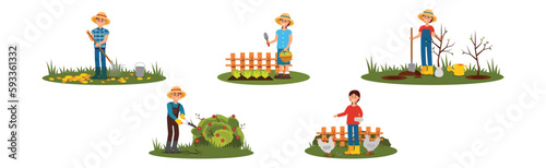 Man and Woman Farmer Engaged in Horticulture and Gardening Vector Illustration Set