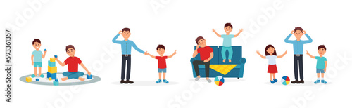 Energetic Kids Bothering Tired Parents Vector Illustration Set