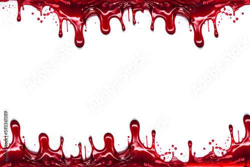 Blood stains dripping isolated on white background, Halloween scary horror concept. bloody red splattered drops murder background design photo