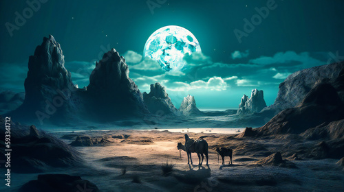 A scene in a desert with three camels in the cave with the moon