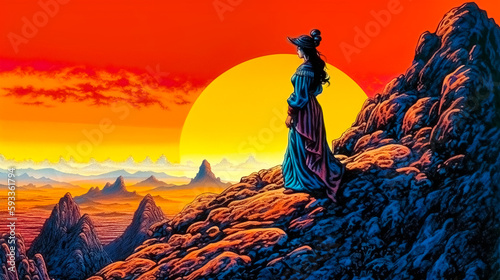 Beautiful young blond lady wearing a long dress standing on a mountain top looking into the valley sunset. Colorful watercolor pencil digital art painting illustration.