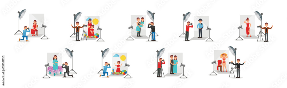 Man Photographer with Camera Taking Photo of People Vector Illustration Set Man Photographer with Camera Taking Photo of People Vector Illustration Set