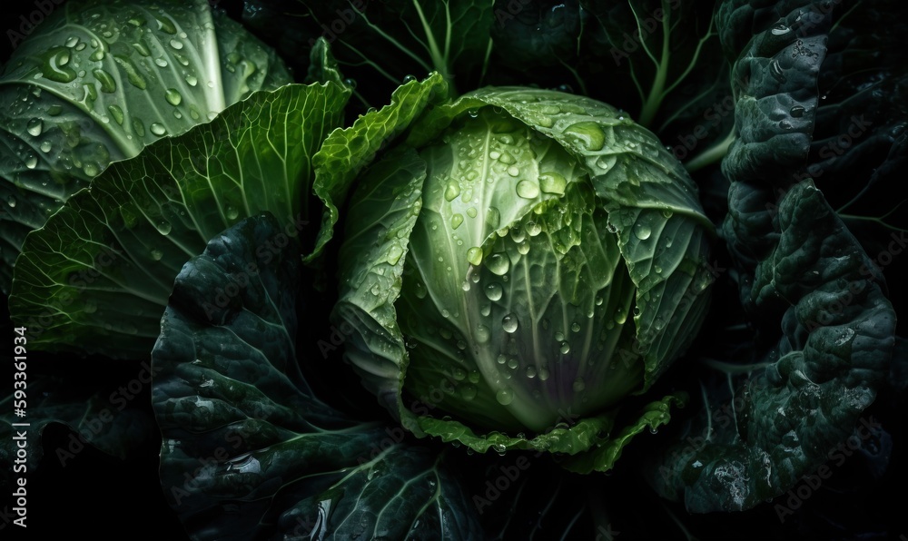 a head of cabbage with water droplets on it's leaves. generative ai a head of cabbage with water droplets on it's leaves. generative ai