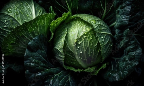  a head of cabbage with water droplets on it's leaves. generative ai