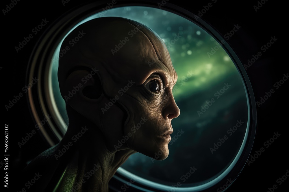 Alien looking out into space. Generative AI. Alien looking out into space. Generative AI.