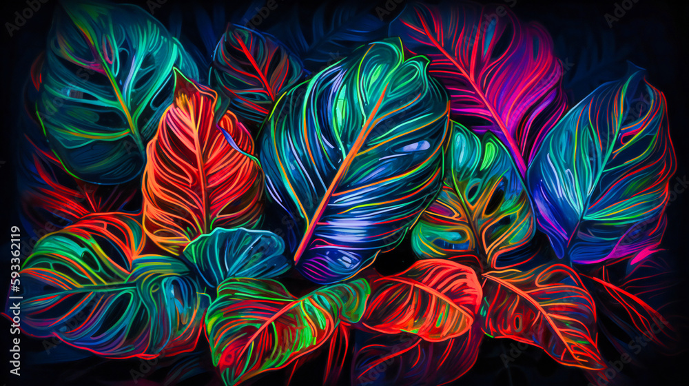 Foliage leaves rendered in neon colored lights