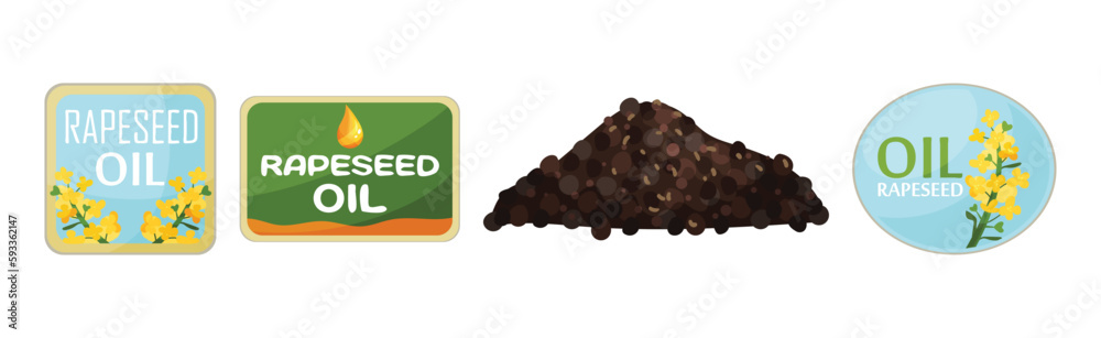 Vegetarian Rapeseed Oil Label and Seeds Vector Set
