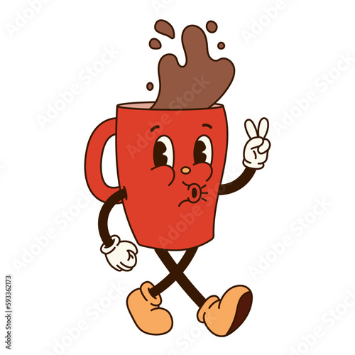 Groovy retro cartoon coffee character. Walking red mug of coffee with drops, eyes and gloved hands. Isolated flat illustration in style 60s 70s