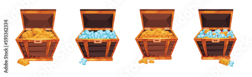 Pile of Golden Coins, Ingots and Gemstones in Wooden Chest Vector Set