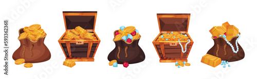 Pile of Golden Coins, Ingots and Gemstones in Wooden Chest and Sack Vector Set
