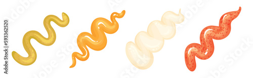 Different Sauce Splashes Squeezed from Bottles Vector Set
