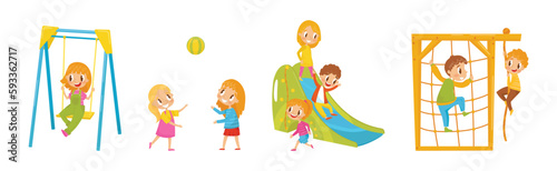 Energetic Boy and Girl Playing in Playground Vector Set