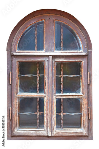 Old window with wooden frame and bars inside, arch shaped vintage window isolated on white