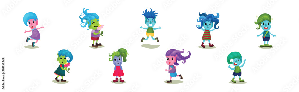 Cute Troll Characters with Different Skin and Hair Color Vector Set Cute Troll Characters with Different Skin and Hair Color Vector Set