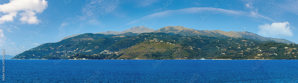 Summer view of Corfu island (Greece). Ionian sea coastline landscape. Panorama.