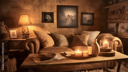 Cozy Living Room Interior with Mockup Frame Poster, Modern interior design, 3D render, 3D illustration