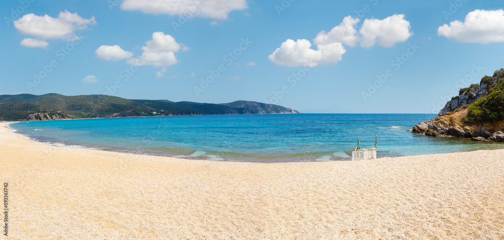 Wonderful sandy beach at Aegean sea on Sithonia, Halkidiki, Greece. Panorama. Wonderful sandy beach at Aegean sea on Sithonia, Halkidiki, Greece. Panorama.